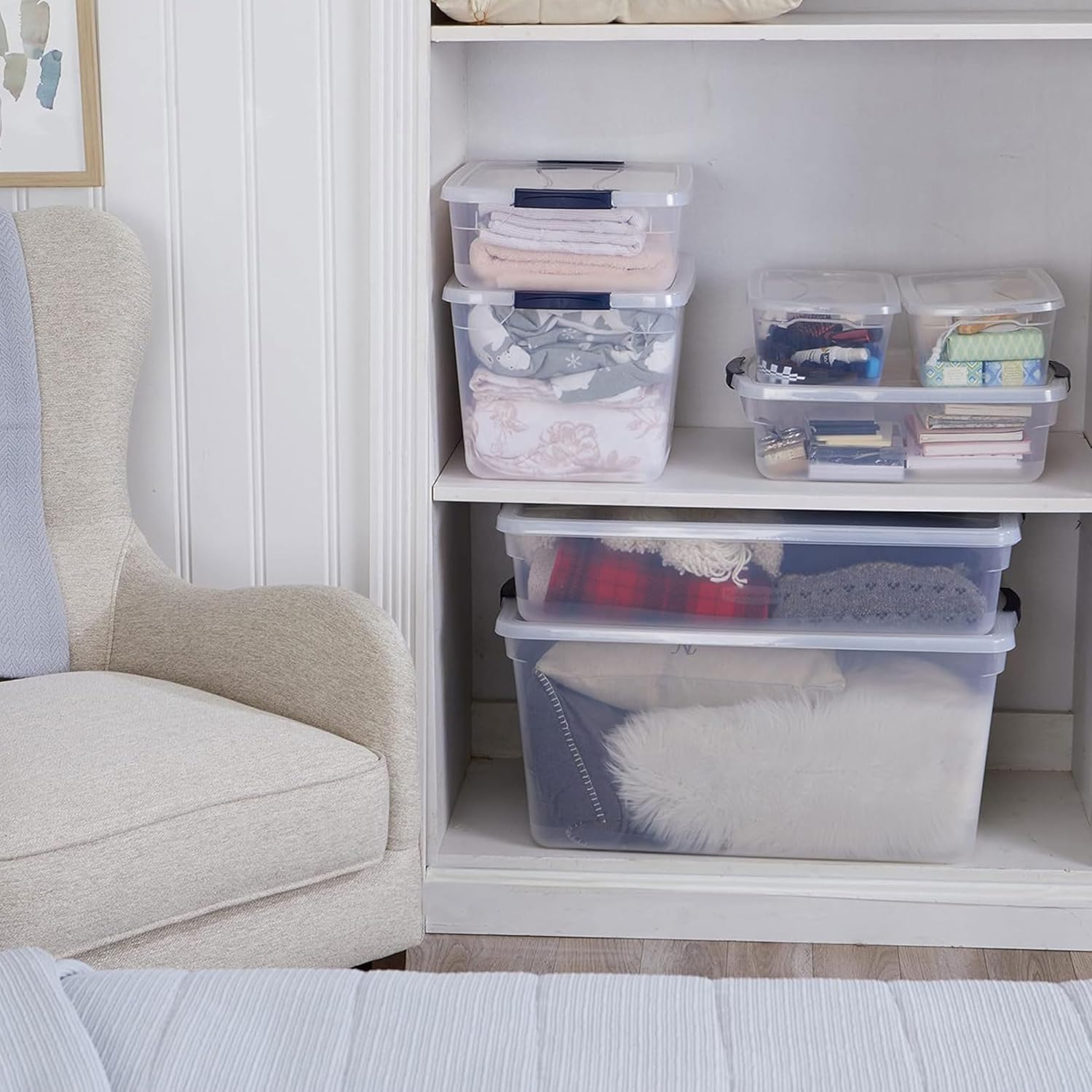 Rubbermaid Cleverstore Clear Dorm Variety 16-Pack, Made in USA, Stackable Large Clear Storage Bins with Lids, See-Through Plastic Storage, with Latching Lids, BPA-Free