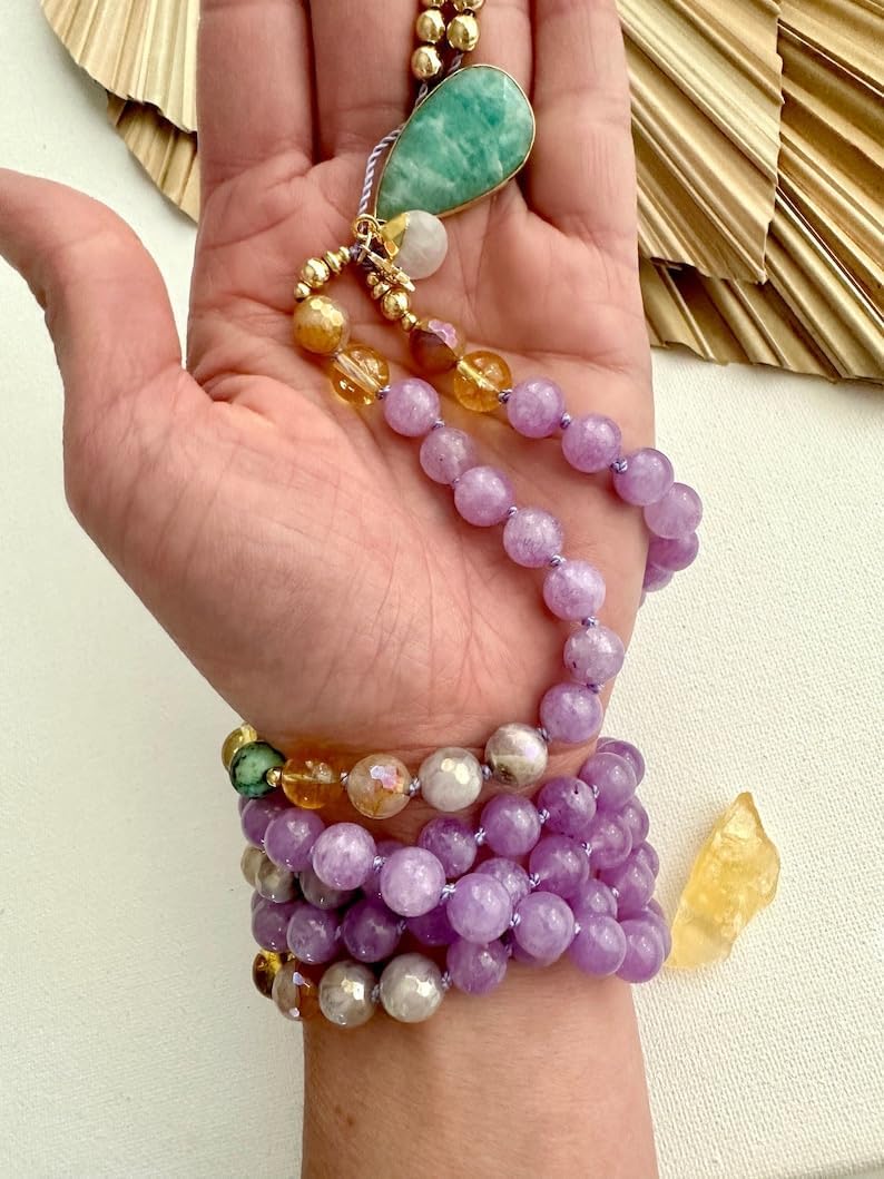 Natural amethyst african turquoise and citrine 8mm 108 Mala Beads, Spiritual, Meditation Beads, Reiki, Japa Mala, Buddhist Prayer Beads, Yoga Bracelet, healing beads LKMALA-RRGU-2197
