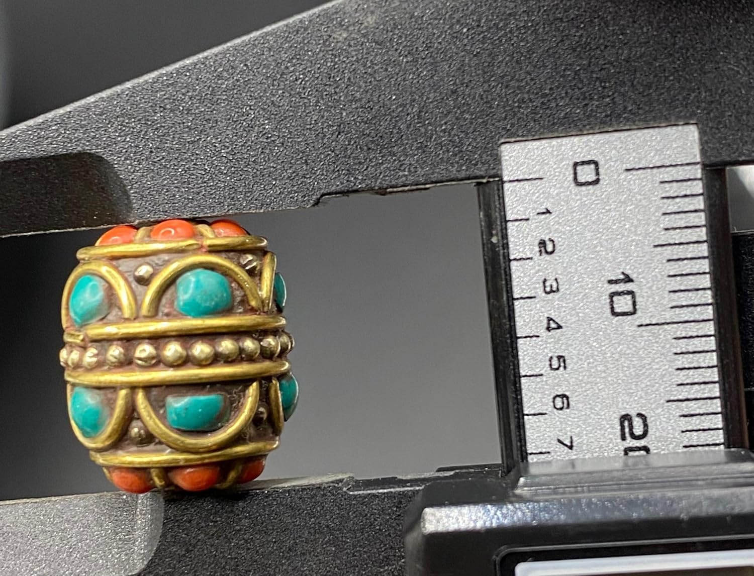 Old Antique Nepal Tibetan Handmade Brass Bead 19x15mm 7g | Turquoise & Coral Inlay Barrel Bead | Ethnic Boho Jewelry Supply | for Pendant Bracelet Necklace Making (50)