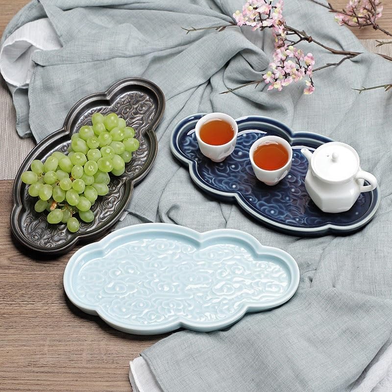 Tray Chinese Xiangyun Ceramic Dessert Tray Afternoon Tea Tray Tea Tray Tea Restaurant Tea Tray Snack Fruit Tray Cake Tray Serving Trays(Black,A)