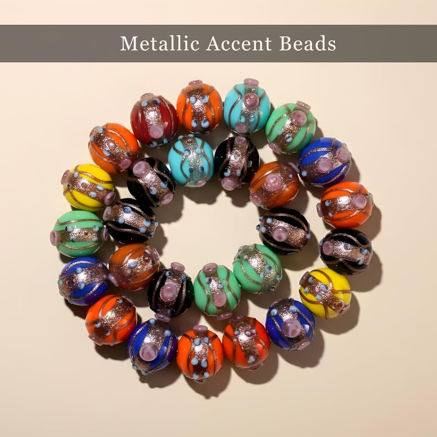 Handcrafted Multicolor Lampwork Glass Beads | Round Beads with Floral & Glitter Designs | Available in 50 Strands | Artistic Assorted for Jewelry Making, DIY Crafts.