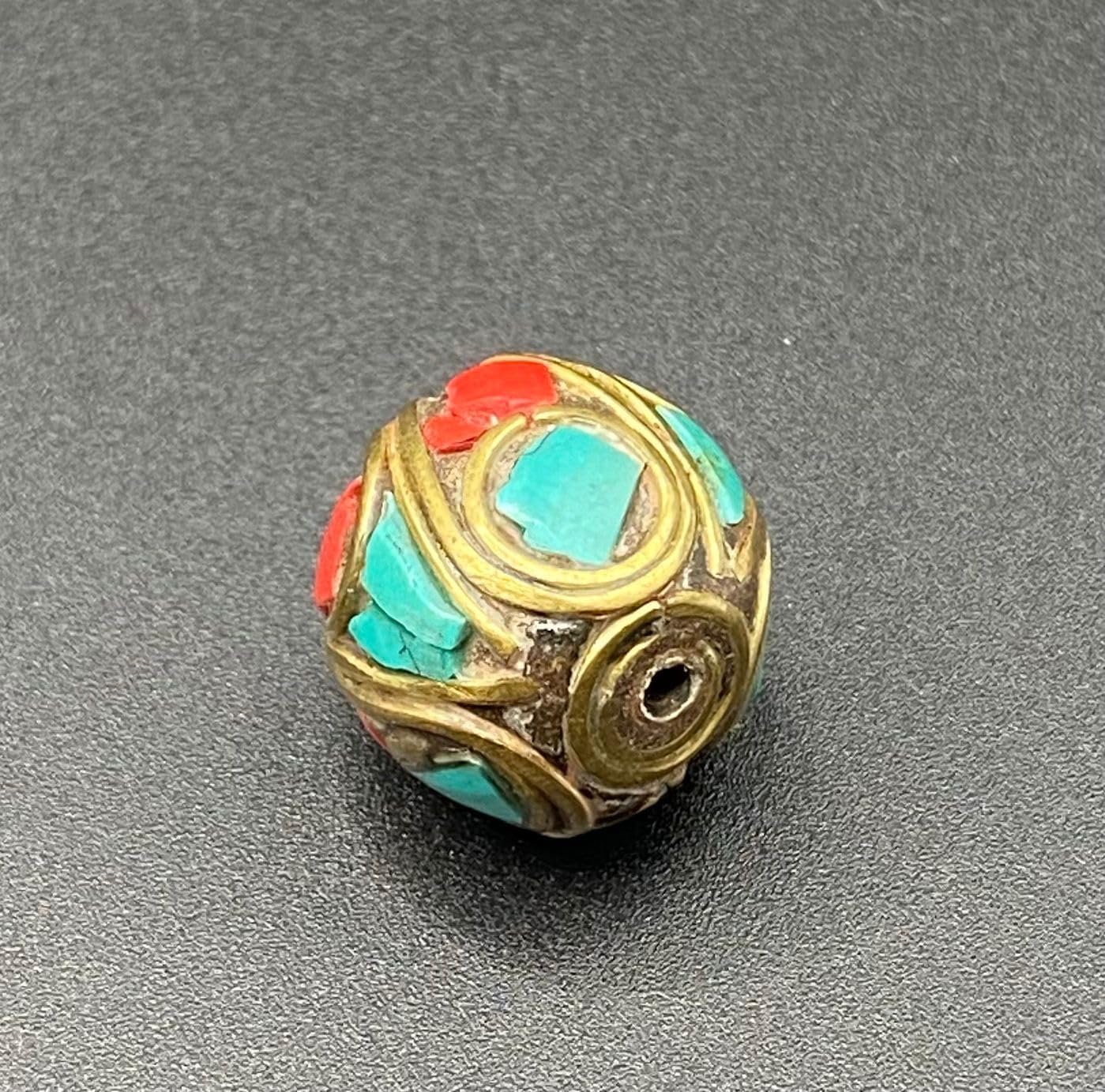 Old Antique 16mm Nepalese Tibetan Bead with Turquoise and Coral Inlay –16mm 5.7g Handmade Vintage Brass Bead for Jewelry Making, Meditation, Healing, and Boho Crafts (50)