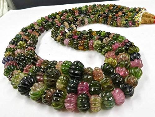 LKBEADS 3 Line Natural Multi Tourmaline Melon Carved Beads Necklace 19 INCHES 16 MM to 6 MM Code-HIGH-46358
