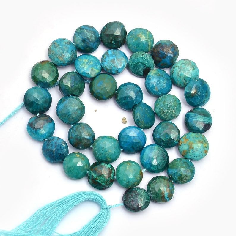 13 inch Strand of Natural gem Chrysocolla, 7-8mm Coin Faceted Beads for DIY Jewelry Making. | Beads_03496, As Per Photo