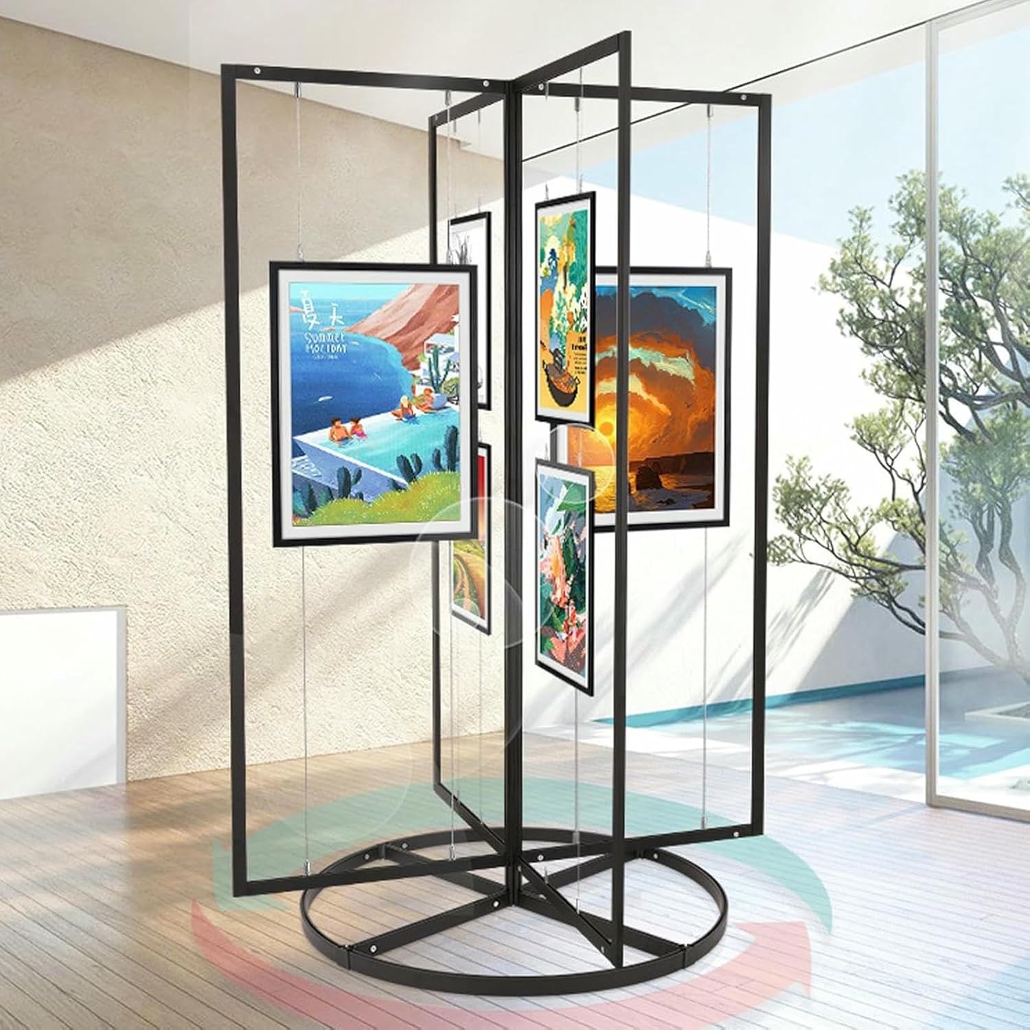 Rotating Picture Hanging Kit System, Large Painting Exhibition Display Rack with Steel Cable & Adjustable Hooks, Freestanding Art Gallery Photo Hanger (4 pcs 1x2m/39x79in+Base