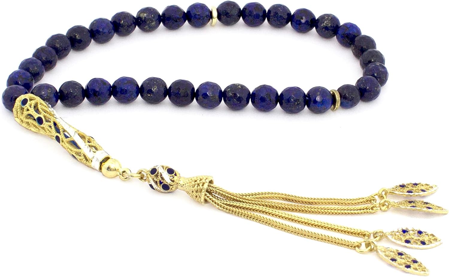 Gold Plated Silver Tassel Faceted Lapis Stones Islamic 33 Prayer Beads Tasbeeh