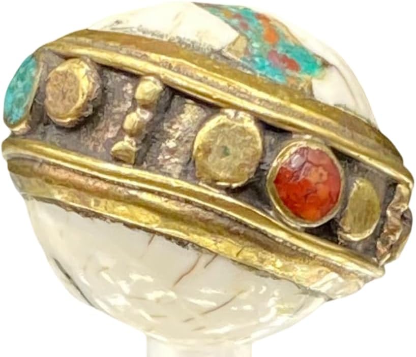 Handcrafted Nepalese Tibetan Natural Shell Pearl Bead with Turquoise and Coral 16x21mm – 9g Round Carved Bead for Jewelry Making, Craft Supplies, DIY Necklace & Bracelet Design (20)