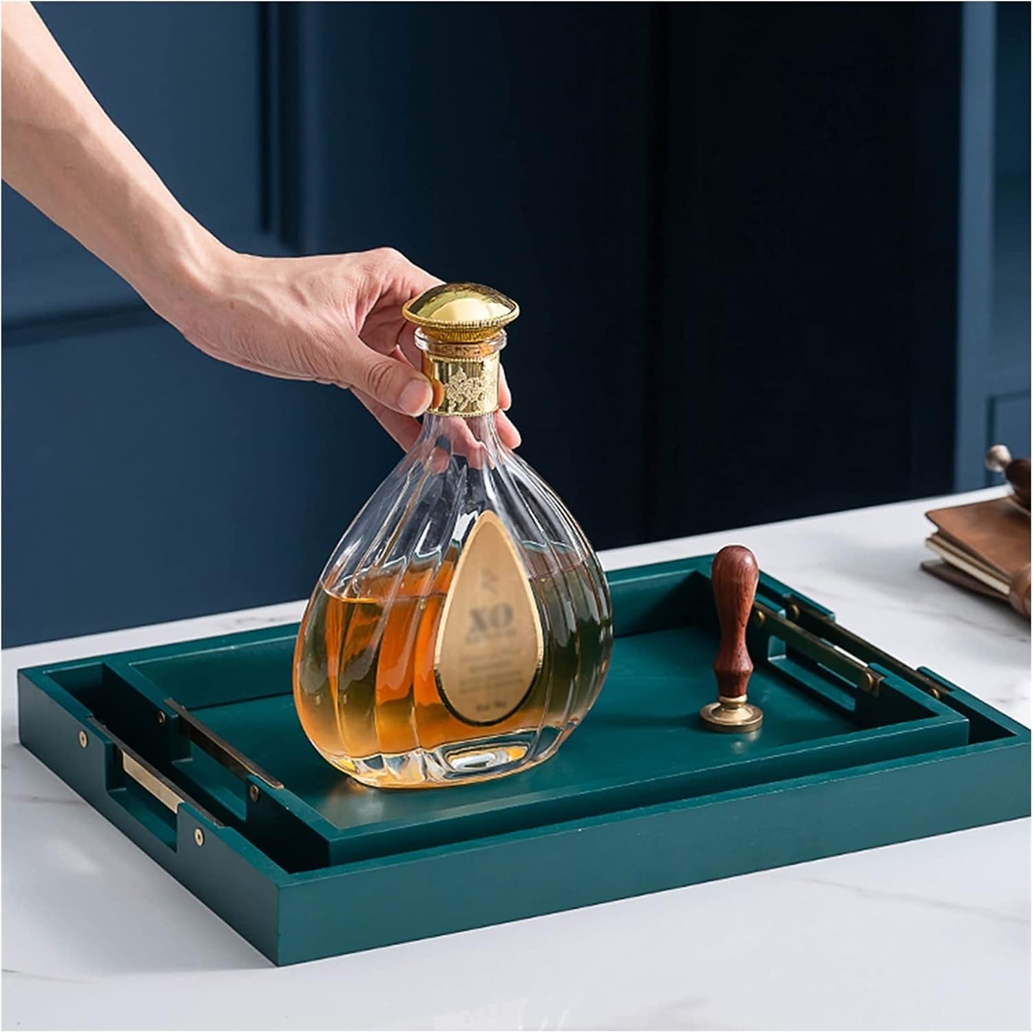 Tray Serving Tray and Platter, Rectangular Wooden Thick Metal Handle Snack Tray, Breakfast Tray, Stylish Farmhouse Decor Serving Platters Serving Trays(A,Medium)