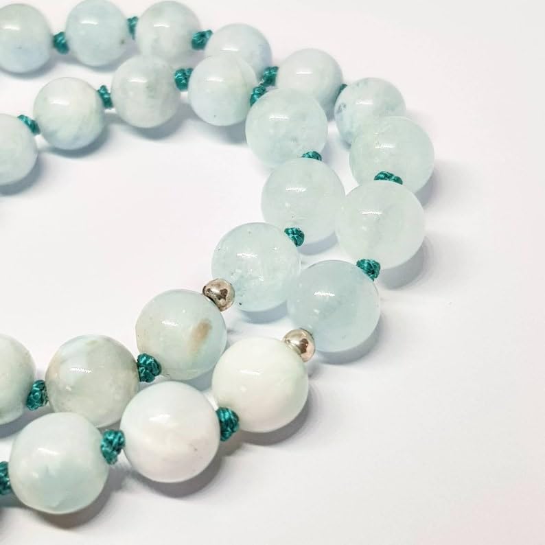 Natural Aquamarine & Larimar 8mm 108 Mala Beads, Spiritual, Meditation Beads, Reiki, Japa Mala, Buddhist Prayer Beads, Yoga Bracelet, healing beads LKMALA-RRGU-2316, 34 inch