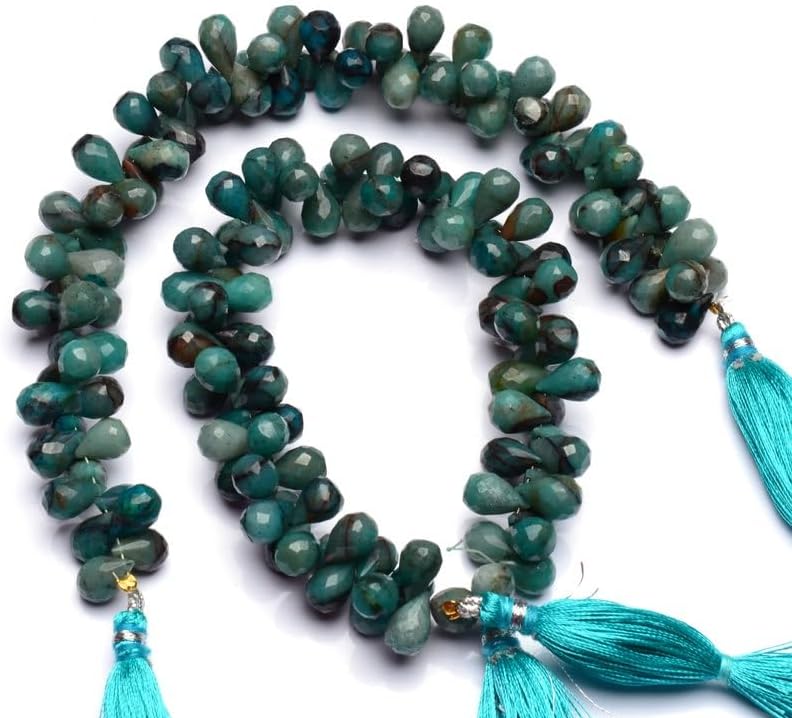 8 inch Strand of Natural Chrysocolla 9x7 mm Teardrop Faceted briolette Beads for DIY Jewelry Making. |BRIO_02286