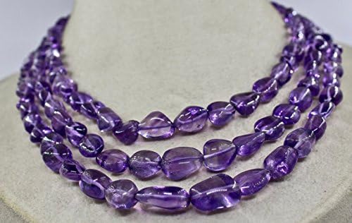 3 Line Natural AMETHYST Long TUMBLE Beads NECKLACE 16 INCHES 17 MM TO 10 MM