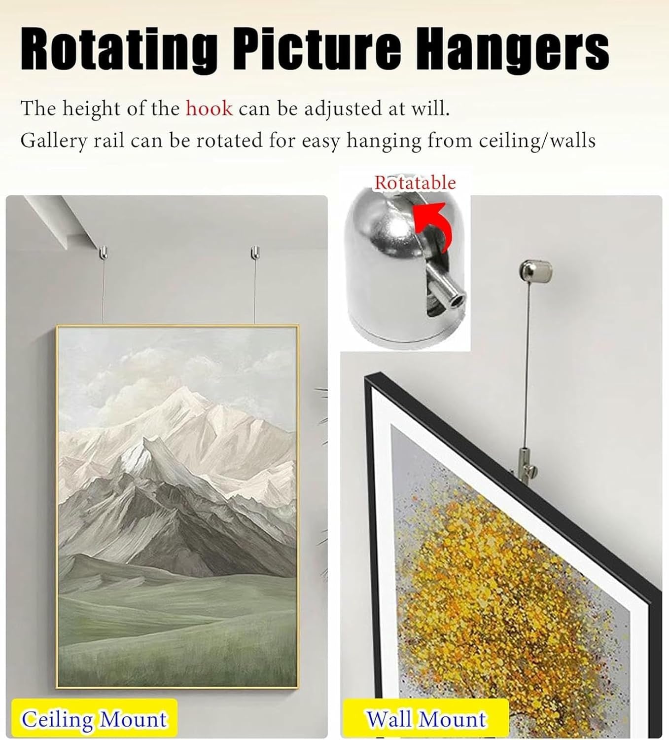 Picture Rail Hanging System 10 Pcs Art Gallery Track Hanging Wall/Ceiling, Picture Rail Molding Hangers with Invisible Cord, Home Exhibit Painting Display Chain Silver Hold(Clear Wire-1m(39.4in)