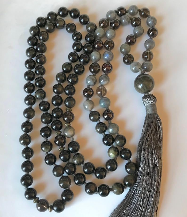 Natural Obsidian, Labradorite, Smoky Quartz, Garnet 8mm-14mm 108 Mala Beads, Spiritual, Meditation Beads, Reiki, Japa Mala, Buddhist Prayer Beads, Yoga Bracelet, healing beads LKMALA-RRGU-1029