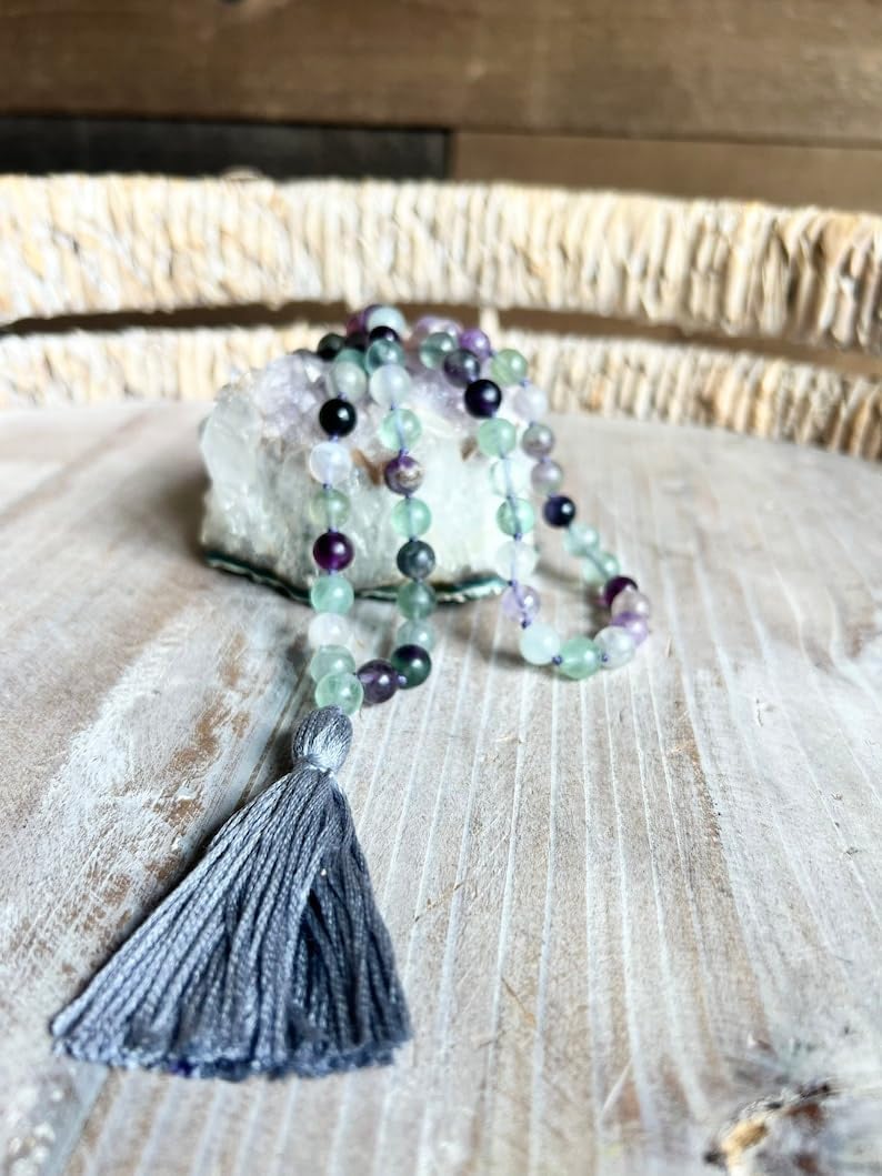 Natural Multicolor Fluorite 8mm 108 Mala Beads, Spiritual, Meditation Beads, Reiki, Japa Mala, Buddhist Prayer Beads, Yoga Bracelet, healing beads LKMALA-RRGU-539