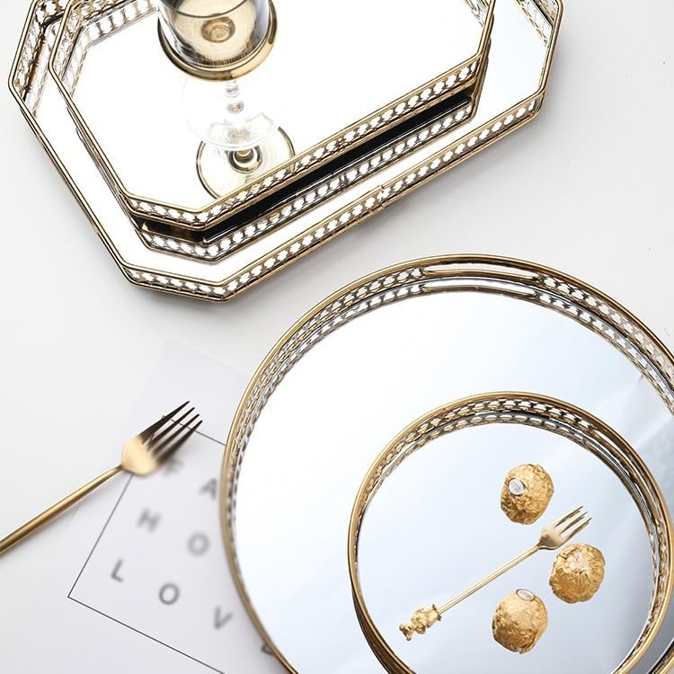 Cafeteria Tray Mirror Glass Tea Tray Gold Storage Tray Home Living Room Coffee Table Light Luxury Cup Storage Tray Serving Trays(E)