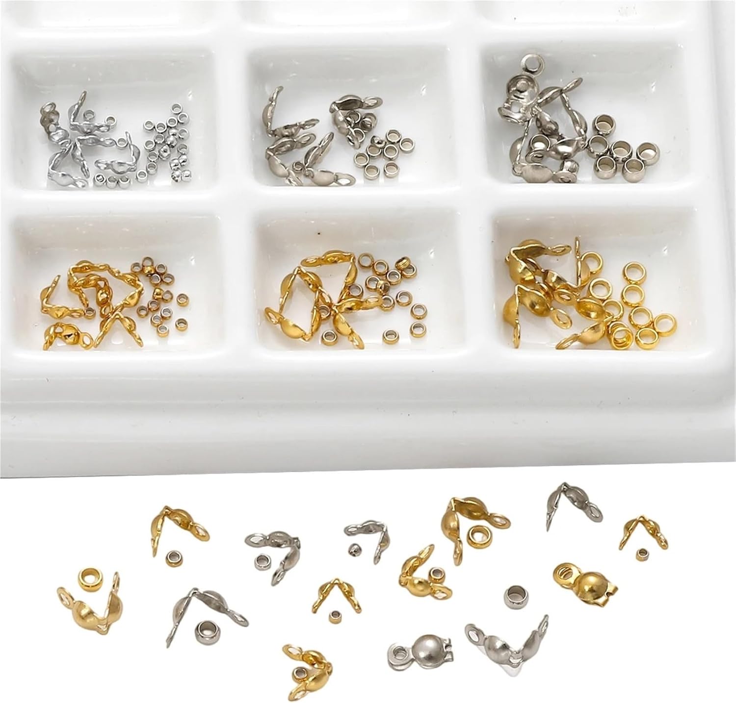 Knot Covers for Jewelry Making 3000sets Gold/Silver Stainless Steel Buckle Positioning Bead Accessories Set for Handmade DIY Beading(03GD)