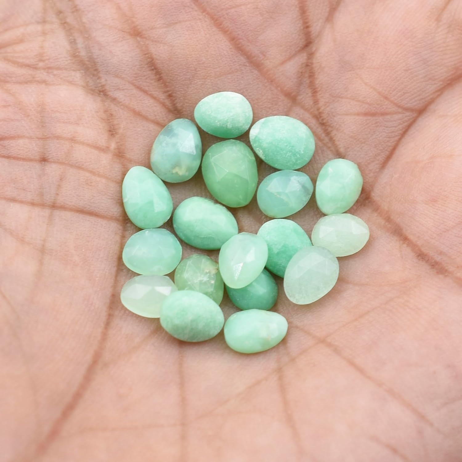 Chrysoprase Loose Stone Beads Cabochon Brilliant Rose Cut Oval Shape 5X6 to 6X7 mm Flat Back Gemstone Drill Bead Making Jewelry Supply (Center Drill, 50)