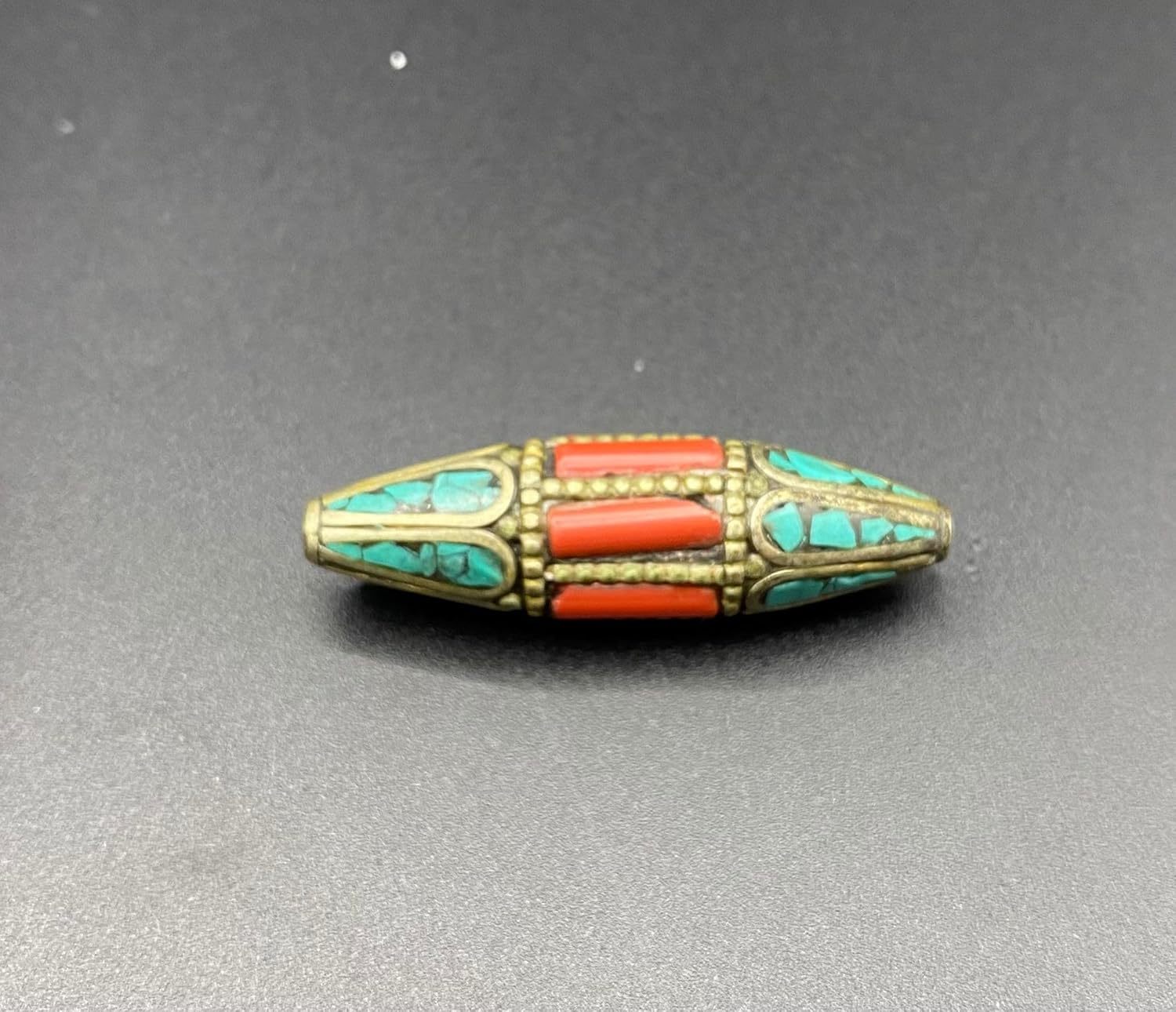 Handcrafted 13g Nepalese Tibetan Brass Bead with Turquoise & Coral Inlay – Vintage Ethnic Dzi Style Barrel Bead for Jewelry Making