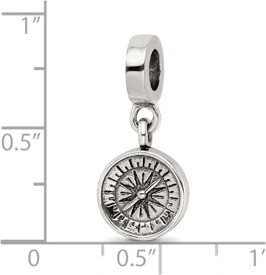 Solid 925 Sterling Silver Reflections Compass Dangle Bead (10mm x 22.7mm)