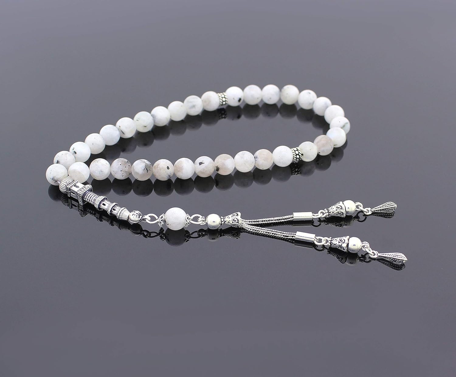 925 Sterling Silver Tower Tassel Moonstone Islamic 33 Prayer Beads Tasbeeh