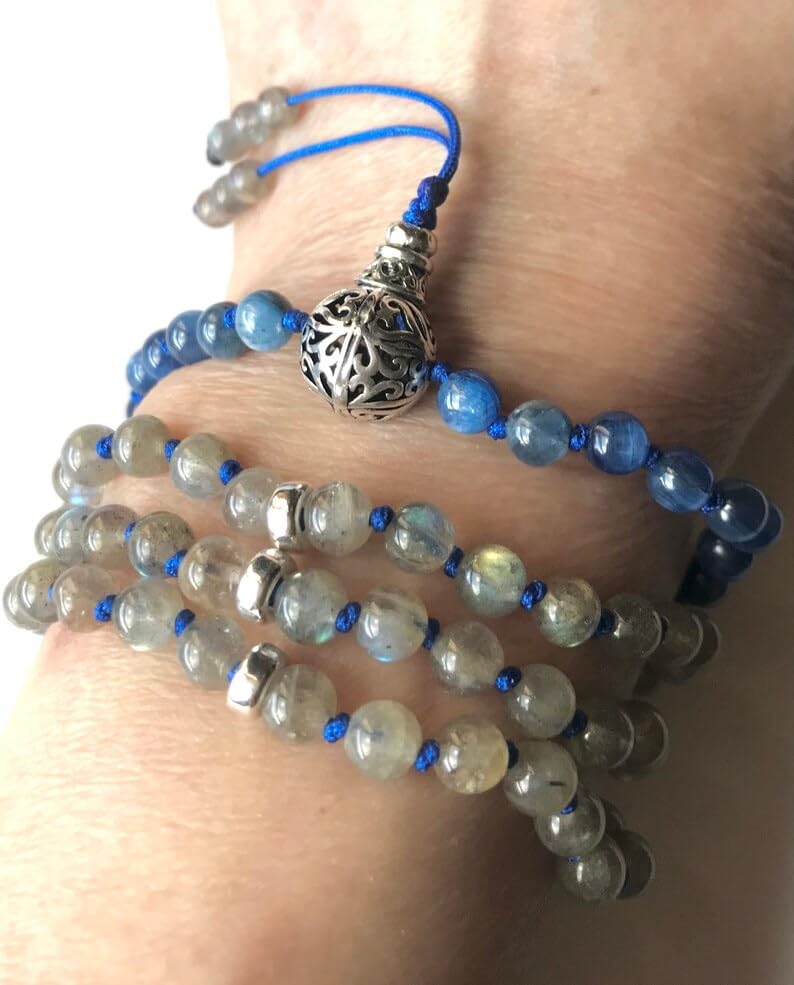 Natural Kyanite ,Labradorite 6mm-10mm 108 Mala Beads, Spiritual, Meditation Beads, Reiki, Japa Mala, Buddhist Prayer Beads, Yoga Bracelet, healing beads LKMALA-RRGU-1032
