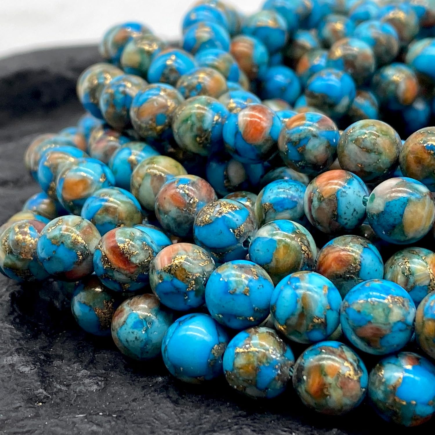 ABCGEMS Mohave Copper Turquoise & Mexican Spiny Oyster Shell Beads (70% 30% Respectively - A Revolutionary Composite Inlay Technique) Native American Style Pow Wow Calibrated Smooth Round 10mm