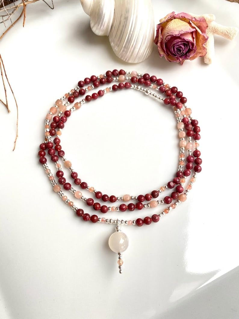 Natural thulite and moonstone 4mm 108 Mala Beads, Spiritual, Meditation Beads, Reiki, Japa Mala, Buddhist Prayer Beads, Yoga Bracelet, healing beads LKMALA-RRGU-3407