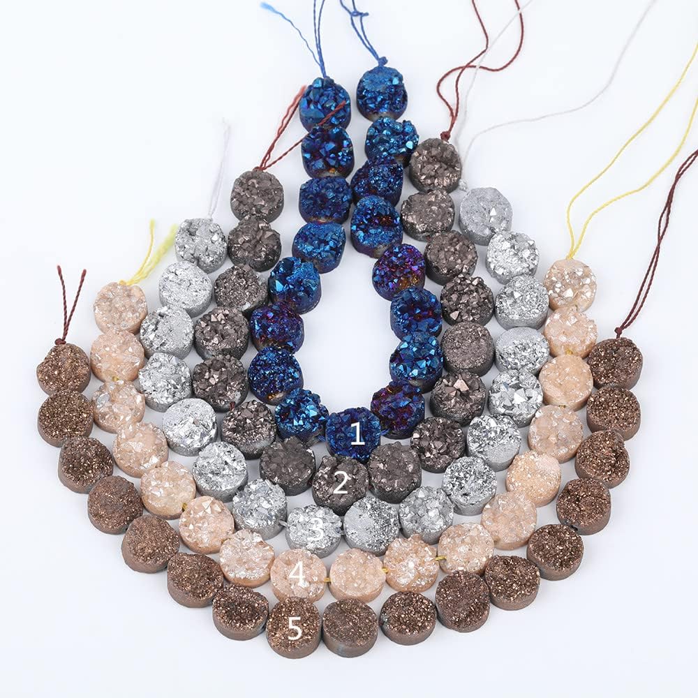 Natural Crystal Stone, 16PCS/Strand.12Mm Silvery Titanium Middle Drilled Drusy Agates Stone Round Beads Pendant Jewelry Findings(Style 3)