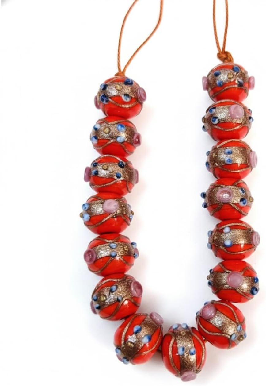 Handcrafted Red Designer Glass Beads | 16mm Murano Style Lampwork Beads with Blue & Pink Floral Accents | Available in 10 Strands | Jewelry Making, DIY & Crafts.