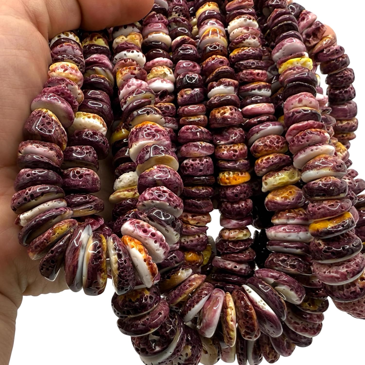 ABCGEMS Gigantic Purple Spiny Oyster Shell Beads (Ethically Sourced- Small Batch Production) Raw Texture with Yellow Highlights - Ocean Formed Pinholes Over 10+ Years - Heishi 8-20mm (Graduated)