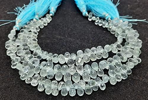 8 inch Strand of Natural Aquamarine 5x7mm Drop Faceted briolette Beads for DIY Jewelry Making. |BRIO_00574