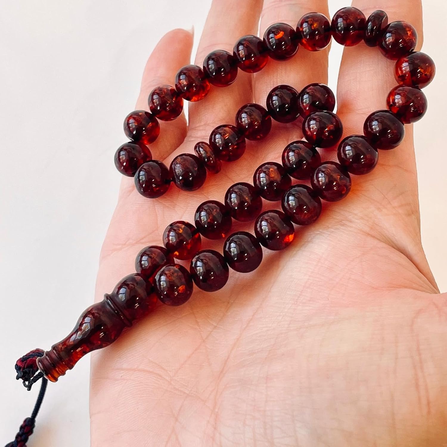 AMBERSTONE Muslim Prayer Beads Tasbih - Premium Handmade Baltic Amber Tasbeeh for Dhikr - Natural Cherry Amber Islamic Rosary Misbaha Subha - 33 Beads / 18 g