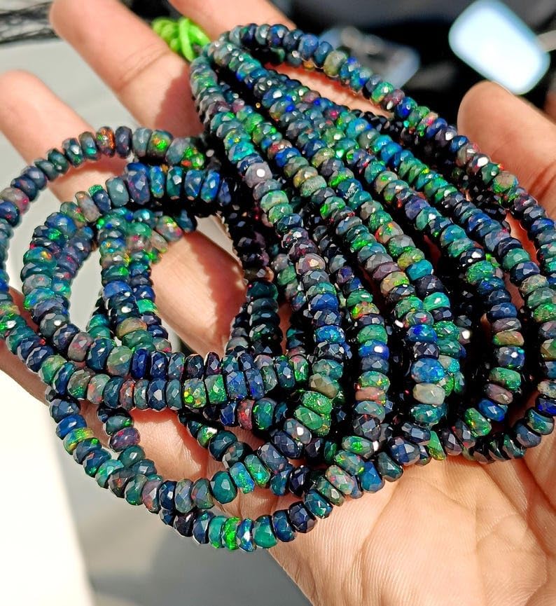 100% Natural Ethiopian Black Opal Faceted Roundel Beads Strand for Jewelry Making 4x6mm Beads
