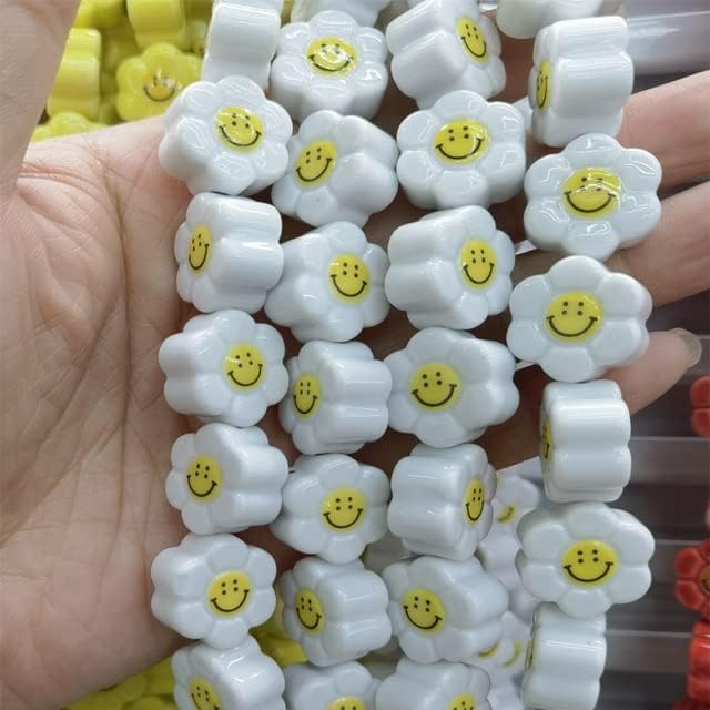 Davitu 50pcs 18mm Sunflower Smile Face Ceramic Beads Fashion DIY Loose Spacer Bead for Jewelry Making Bracelet Necklace Earring - (Color: White, Item Diameter: 18mm 50pcs)