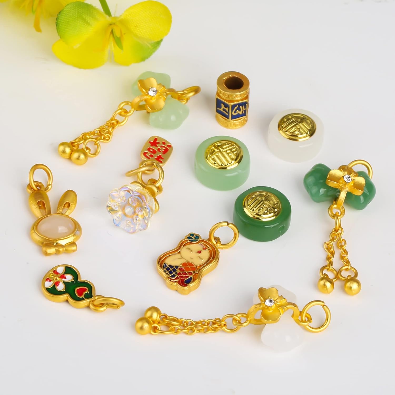 Gold Inlay Jade Fortune Loose Beads Bow Pendant DIY Accessories Bracelet Necklace Spacer Sand Gold