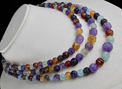 3 Line Natural Multi Color AMETHYST CITRINE AQUAMARINE Etc Carved Beads Necklace 17 INCHES 14 MM TO 6 MM