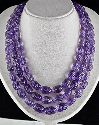 3 Line Natural Brazilian Amethyst Carved Beads Necklace 20 INCHES 20 MM to 11 MM