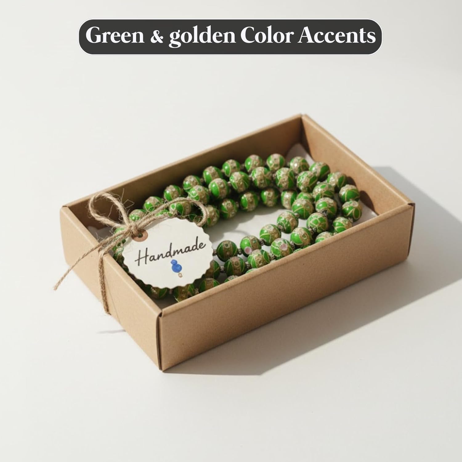 Handcrafted Green Designer Glass Beads | 16mm Murano Style Lampwork Beads with Golden Swirls | Available in 10 Strands | Perfect for Jewelry Making, DIY & Craft