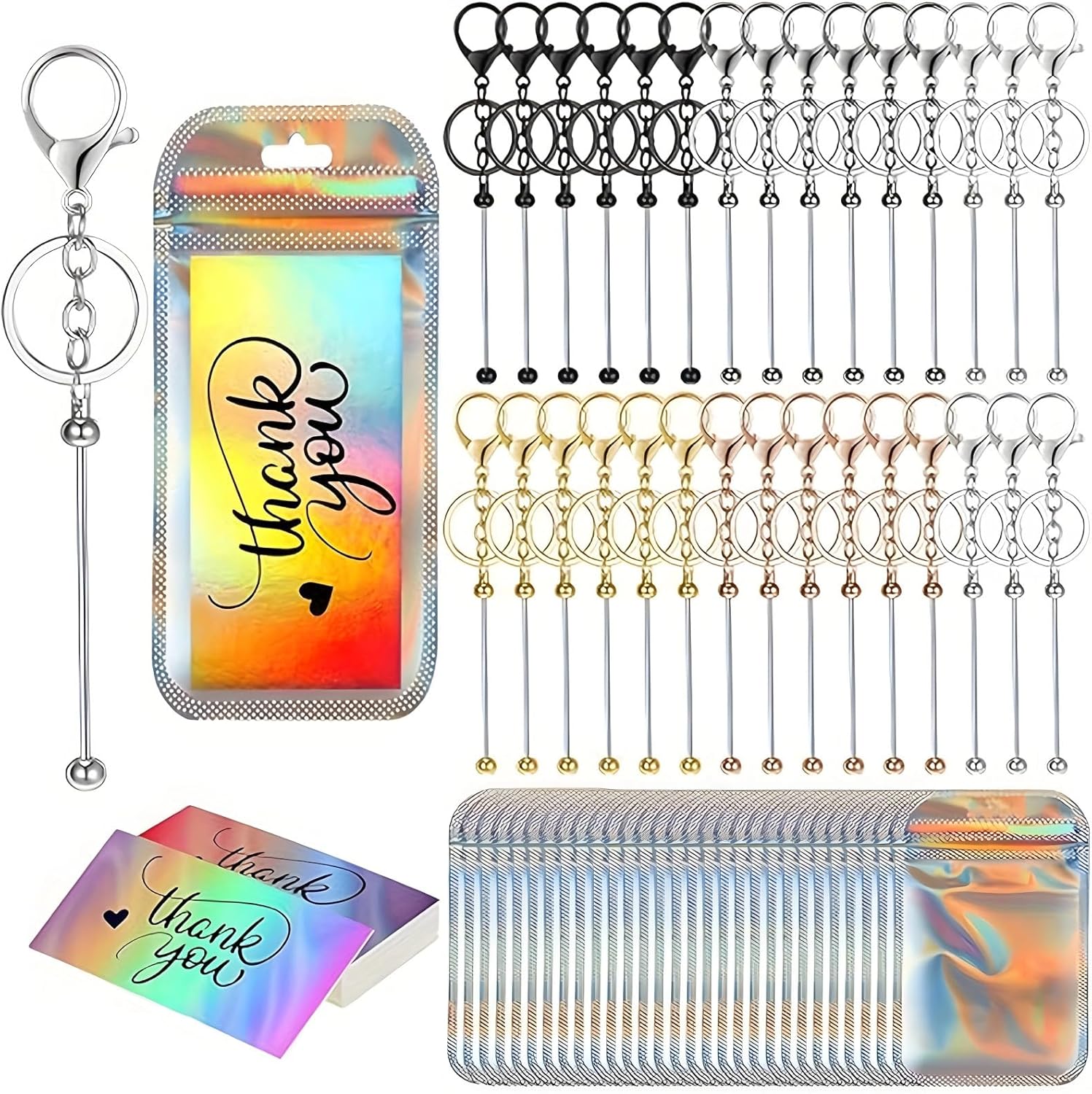 30 Colorful Keychain For Beading Diy Kit With Gift Bags & Thank You Cards