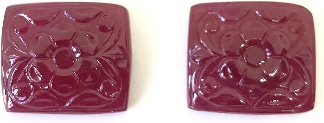 62.82 Ct Pair Ruby Flower Design Hand Carved Cushion Shape Size 19x17x7 mm Loose Gemstone For Making Ruby Earring Jewelry
