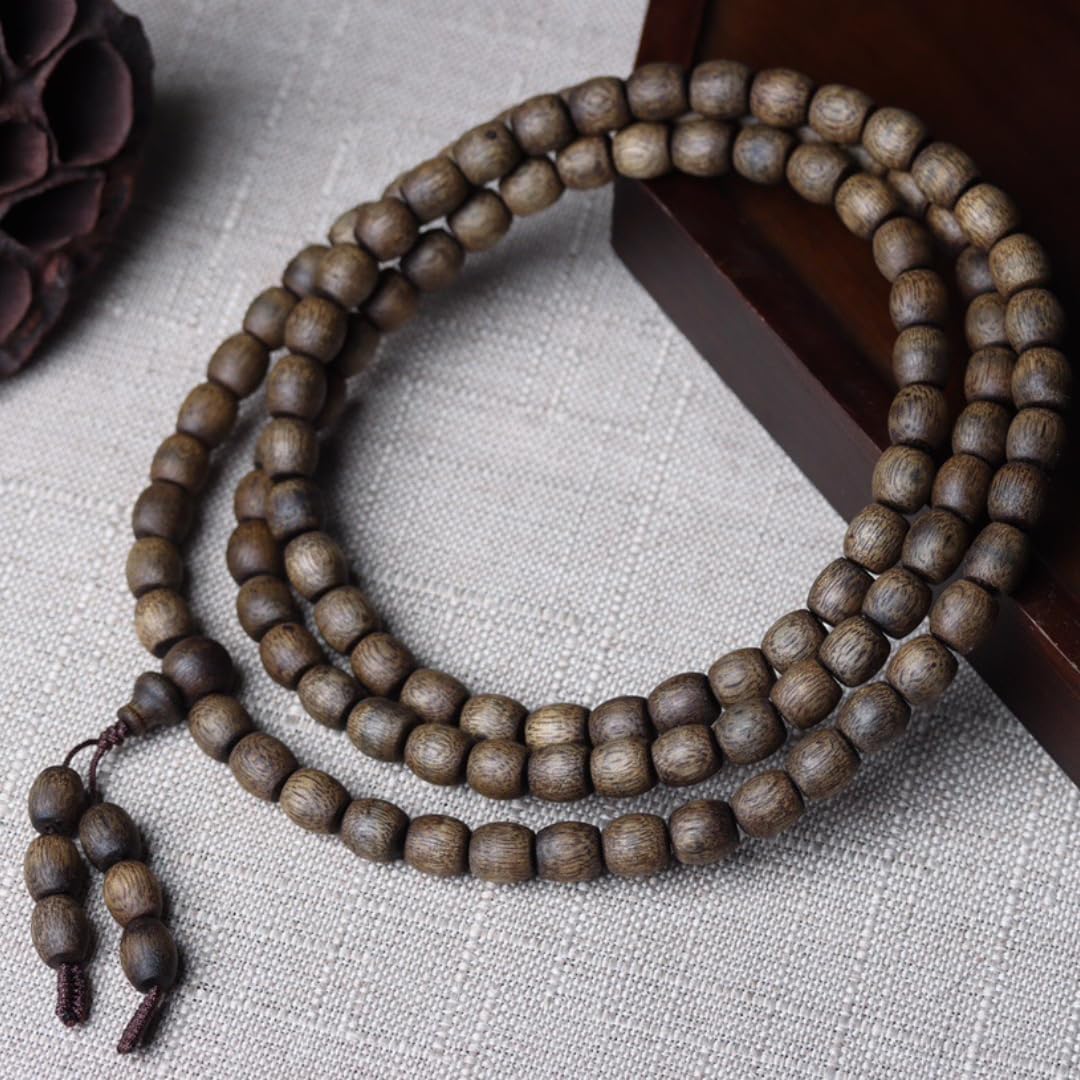 Vietnam Nha Trang Agarwood Golden Thread Honey-Knotted White Aquilaria 8x9mm*108 Beads Prayer Beads Multi-Circle Drum Beads Sinking Grade
