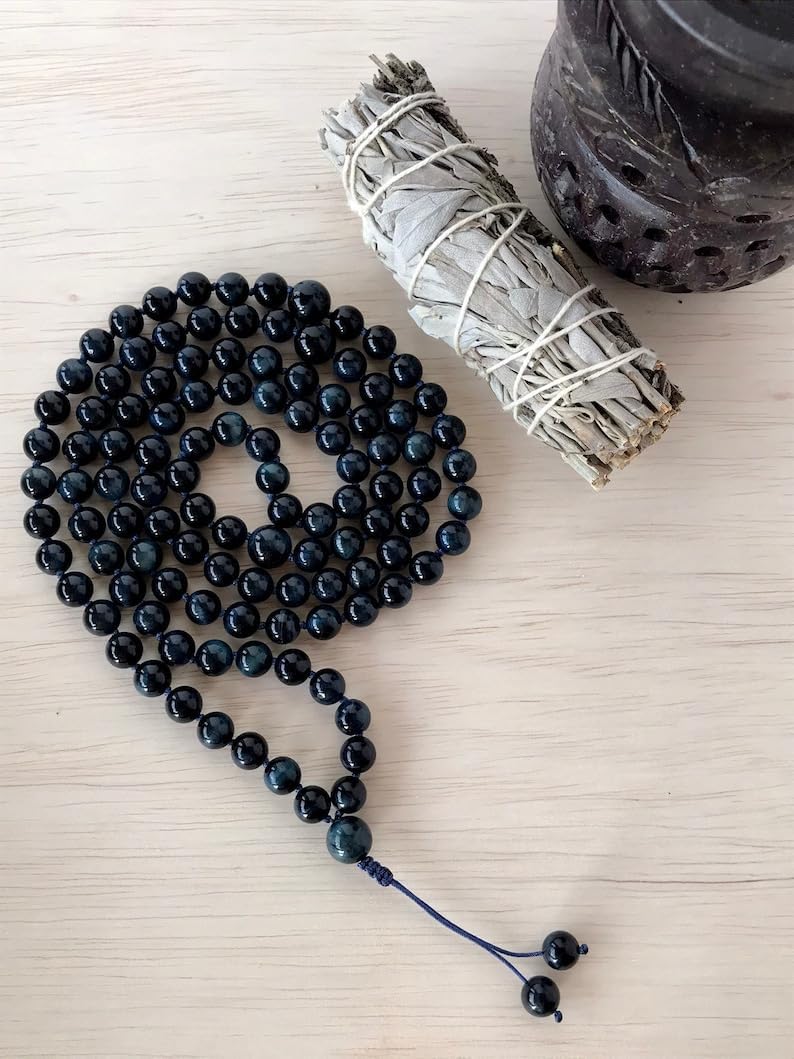 Natural BLUE TIGER Eye 8mm 108 Mala Beads, Spiritual, Meditation Beads, Reiki, Japa Mala, Buddhist Prayer Beads, Yoga Bracelet, healing beads LKMALA-RRGU-2405