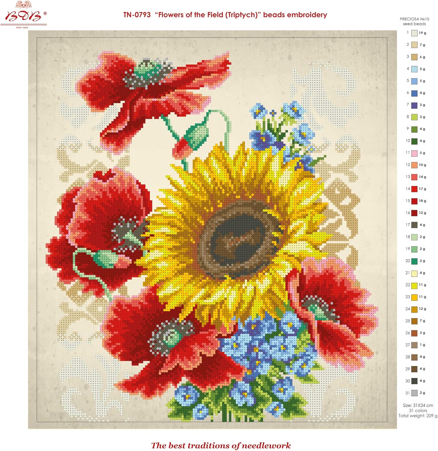 Flowers of The Field; Bead Embroidery kit; Contemporary Embroidery; 100% Glass Seed Beads Preciosa; Needlepoint; Handcraft; Tapestry kit; Needle Arts Decor