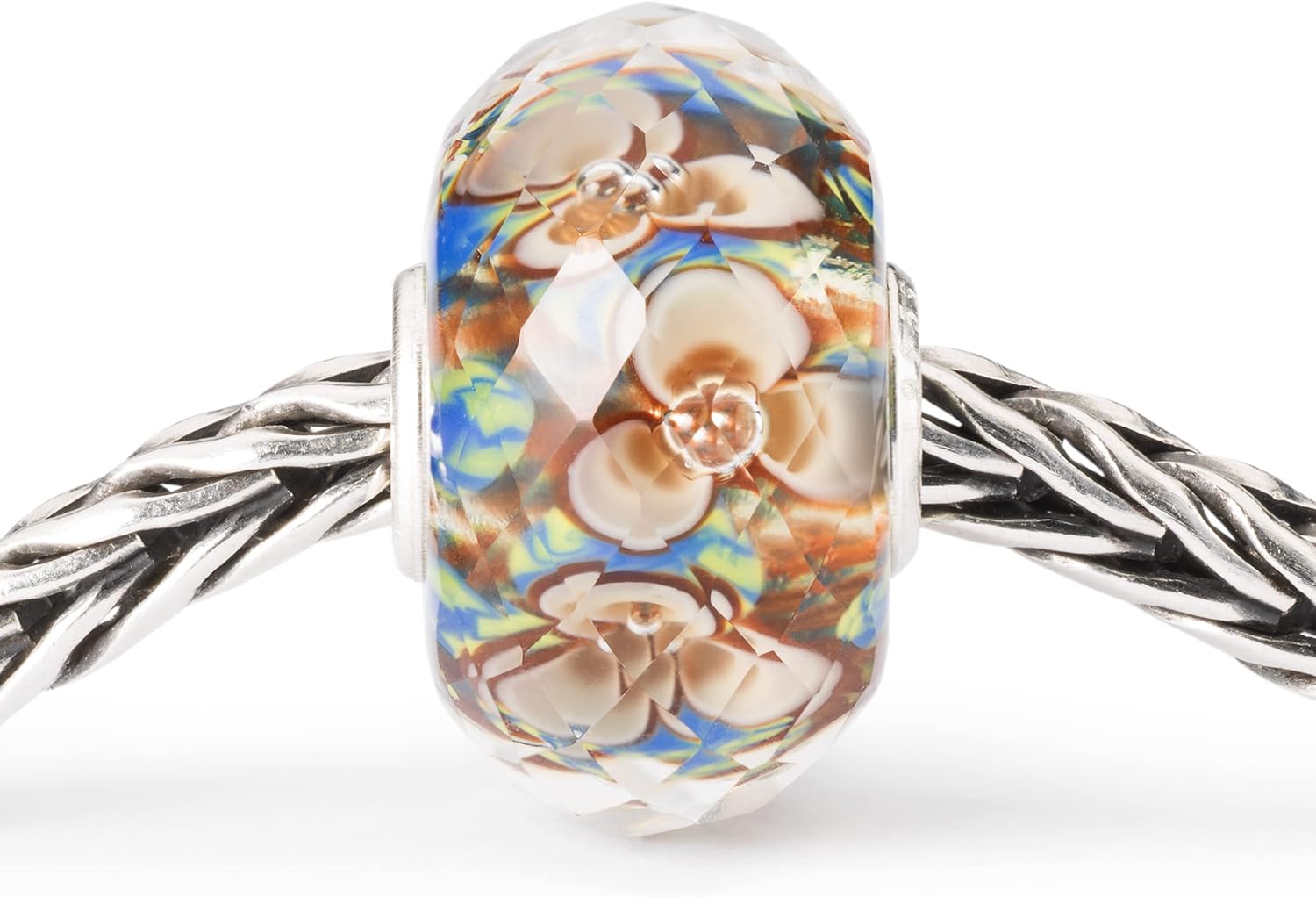 Trollbeads 1p Cream-colored Glass Round Bead for Jewelry Making, Wildflowers Design