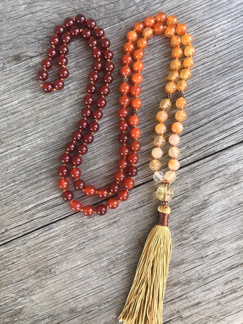 Natural Carnelian and Citrine 8mm 108 Mala Beads, Spiritual, Meditation Beads, Reiki, Japa Mala, Buddhist Prayer Beads, Yoga Bracelet, healing beads LKMALA-RRGU-3843, 34 inch