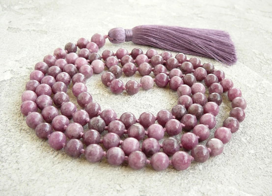 AAA Natural Lepidolite 108-Bead Mala – Hand-Knotted Prayer & Meditation Necklace with Tassel & 10mm Gemstone Beads