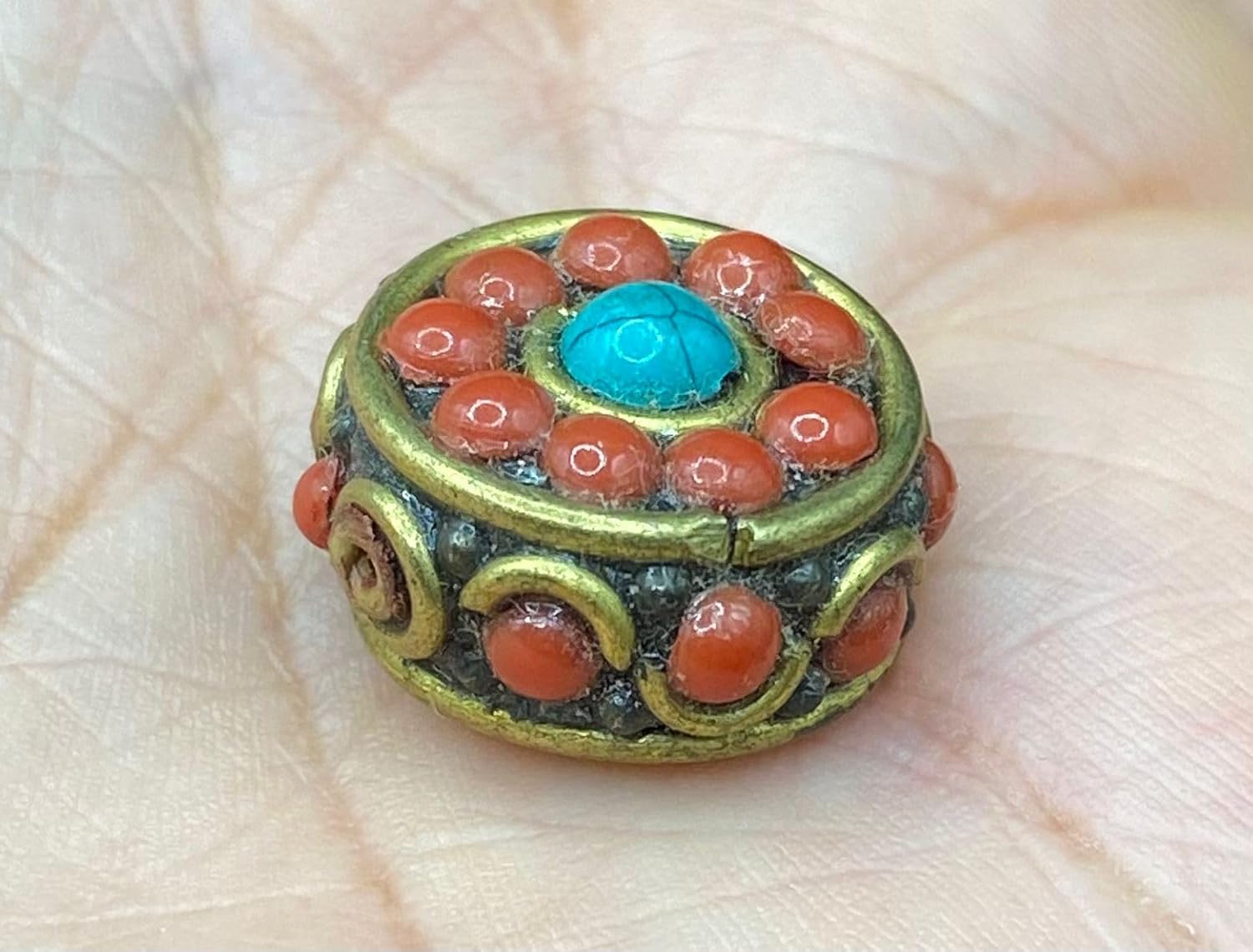 Old Antique 16x10mm Nepalese Tibetan Bead with Coral and Turquoise Inlay – 4.61g Handmade Brass Vintage Bead for Jewelry Making, Boho Crafts, Healing & Meditation Accessories (50)