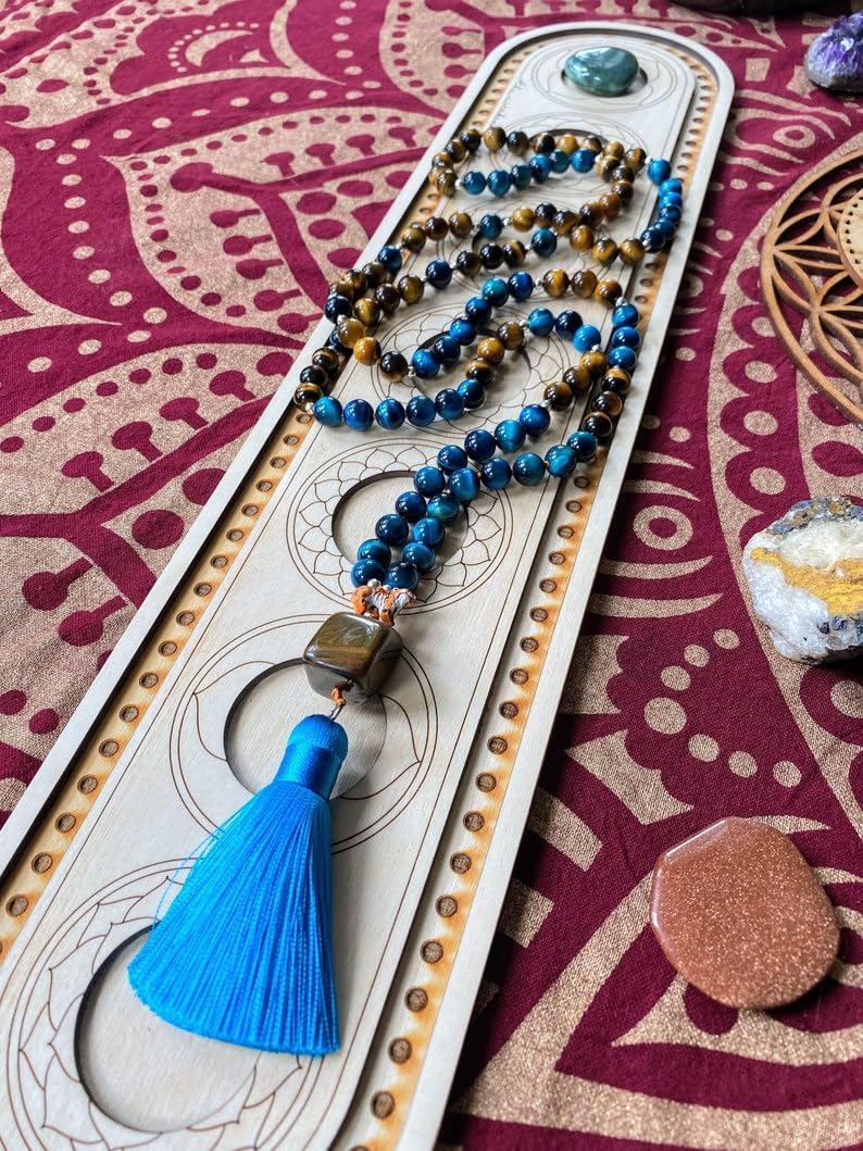 Natural Tiger’s Eye,Tiger’s Eye (Blue) 8mm 108 Mala Beads, Spiritual, Meditation Beads, Reiki, Japa Mala, Buddhist Prayer Beads, Yoga Bracelet, healing beads LKMALA-RRGU-3946