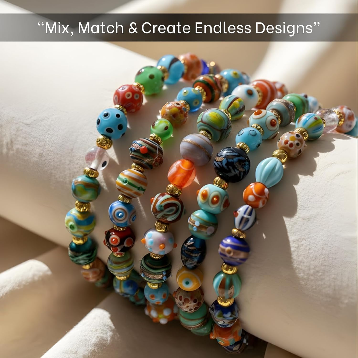 Handcrafted Lampwork Glass Beads | Artistic Mixed-Shape Multicolor Bead Strands for Adult Jewelry Making & Professional Craft Design | 100 Strands of Handmade Glass Beads