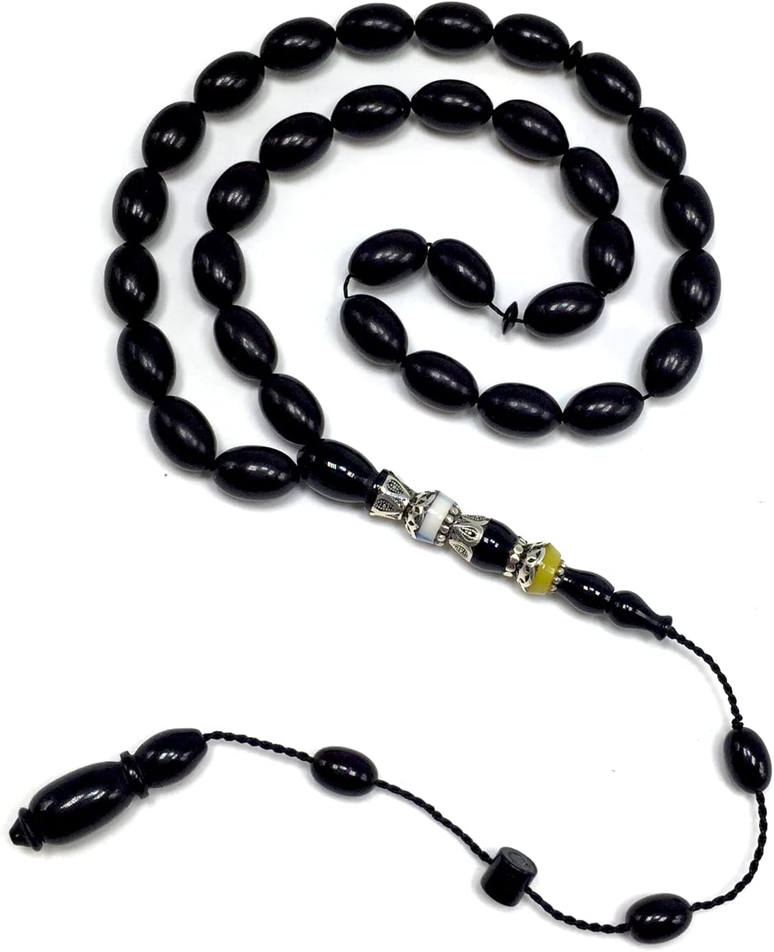 EXCLUSIVE COLLECTION -Handmade Silver Engraved Bakelite Tesbih, Tasbih, Islamic Rosary, Islamic Prayer Beads, Misbaha (7x11 mm 33 Black Rice Beads)